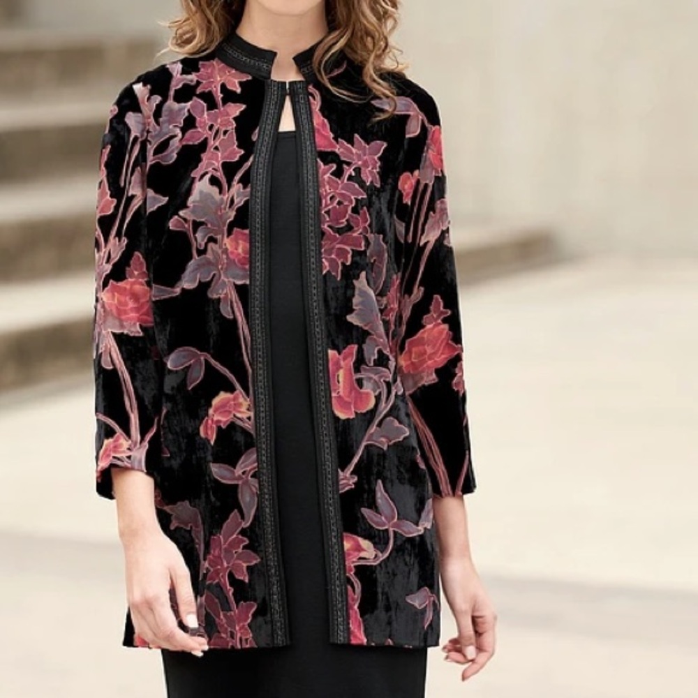 Ming Wang Velvet Floral Open Cardigan